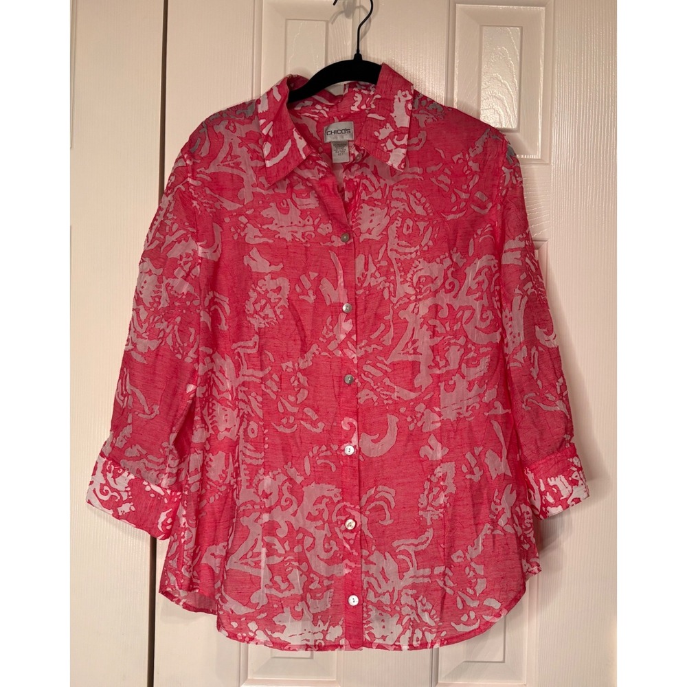 Chico's Pink White Abstract Print 3/4 Sleeve Shirt Women's Medium (8/10) Size 1